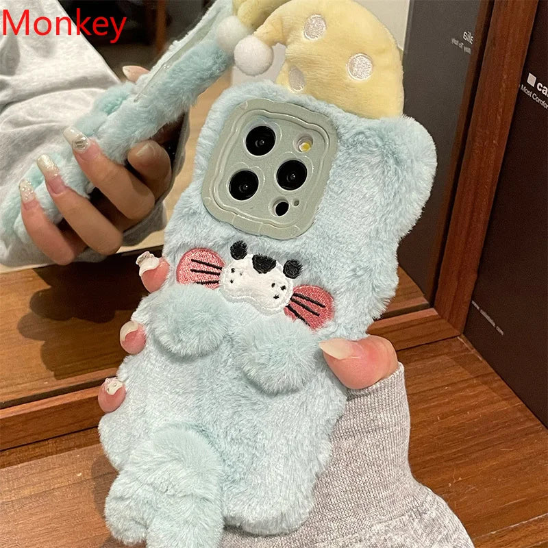 Cute Seal Plush Furry Warm Winter Soft Fur Cover For iPhone 16Plus 15 14 13 12 11 Pro Max Camera Protect Lens Silicon Phone Case