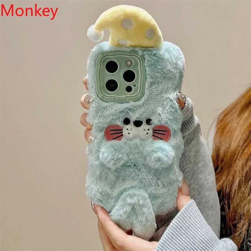 Cute Seal Plush Furry Warm Winter Soft Fur Cover For iPhone 16Plus 15 14 13 12 11 Pro Max Camera Protect Lens Silicon Phone Case