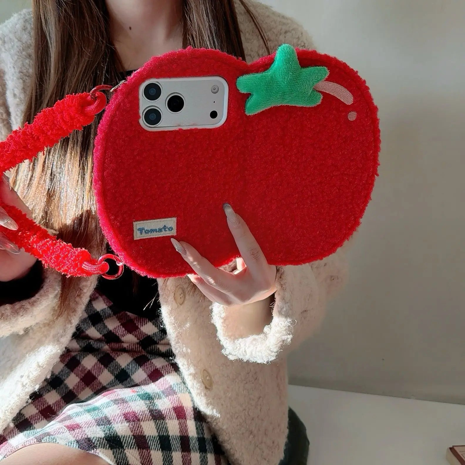 Tomatoes Apple Creative Flip Plush Phone Case For iPhone 17 ProMax 16 15 14 13 Pro Max Fashion versatile Built-in Plush Case